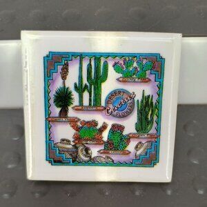 Vintage Hand Painted Cactus Flowers Southwestern Decorative Ceramic Tile Southwe
